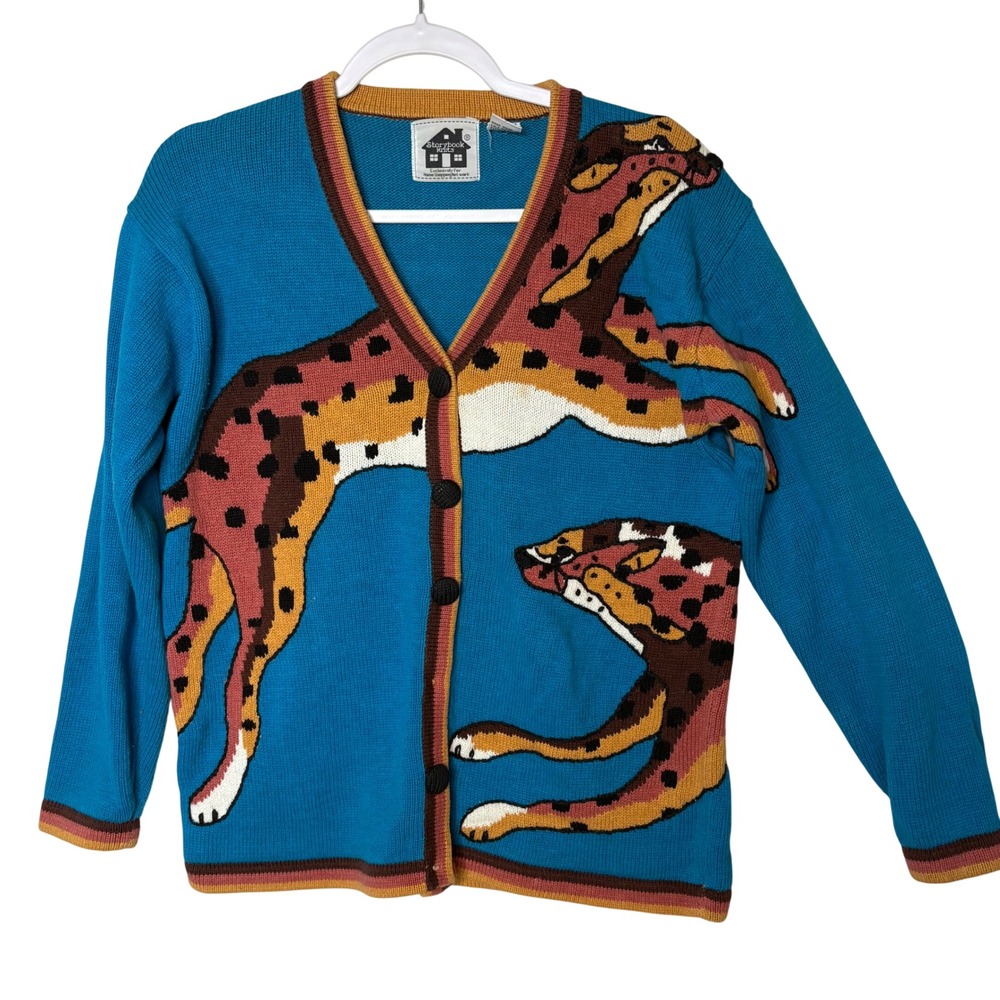 Vtg 90s Storybook Knits Cheetah Cardigan Sweater Small Grandmacore Whimsical Cat